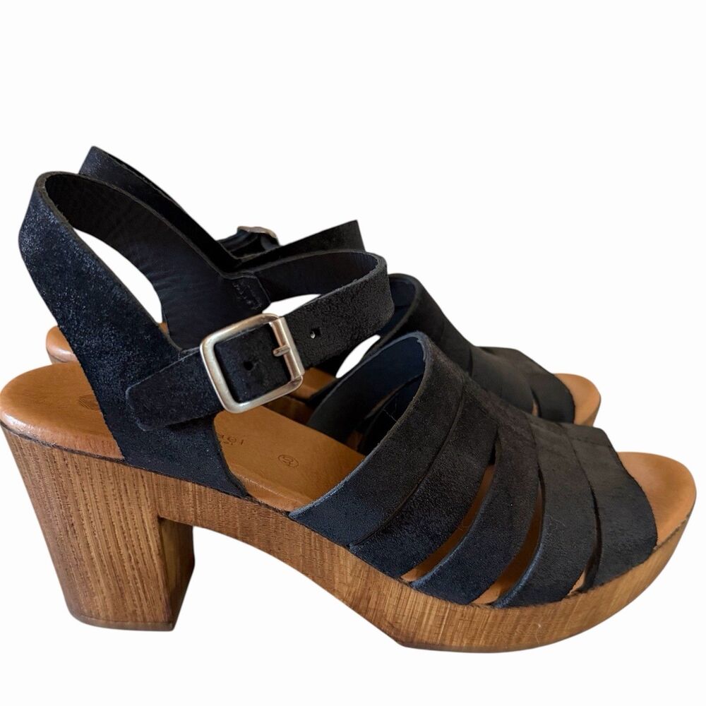 Eric Michael Black Suede Leather Wood Platform Clog Sandals Strappy EU 40 US 9